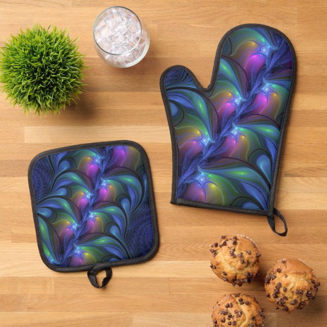 Colourful Luminous Abstract Blue Pink Green Fracta Oven Mitt & Pot Holder Set (Top Down)