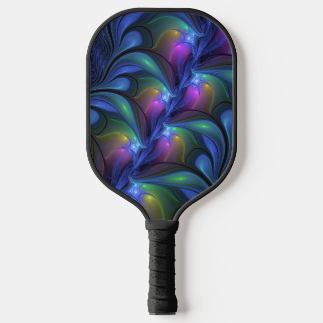 Colourful Luminous Abstract Blue Pink Green Fracta Pickleball Paddle (Front)