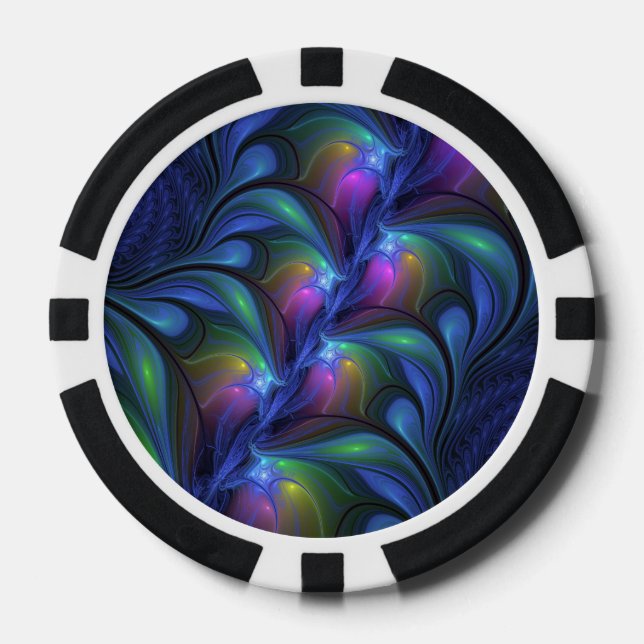 Colourful Luminous Abstract Blue Pink Green Fracta Poker Chips (Front)