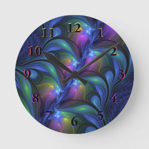 Colourful Luminous Abstract Blue Pink Green Fracta Round Clock