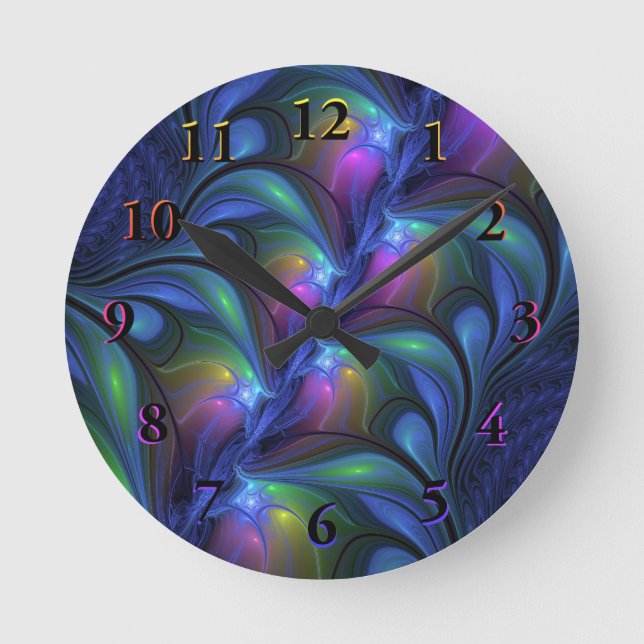 Colourful Luminous Abstract Blue Pink Green Fracta Round Clock (Front)