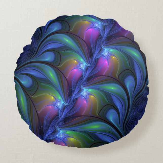 Colourful Luminous Abstract Blue Pink Green Fracta Round Cushion (Front)