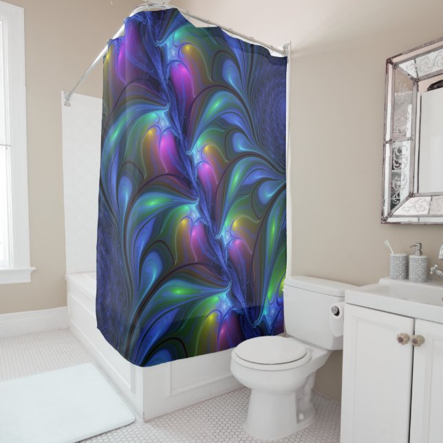 Colourful Luminous Abstract Blue Pink Green Fracta Shower Curtain (In Situ)