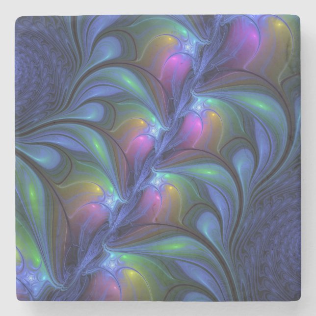 Colourful Luminous Abstract Blue Pink Green Fracta Stone Coaster (Front)