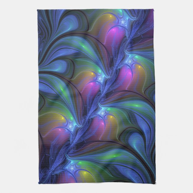 Colourful Luminous Abstract Blue Pink Green Fracta Tea Towel (Vertical)