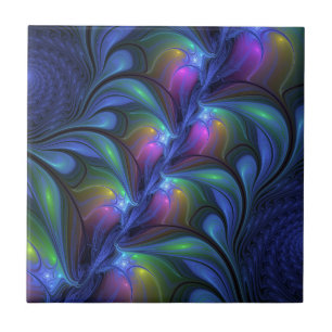 Colourful Luminous Abstract Blue Pink Green Fracta Tile