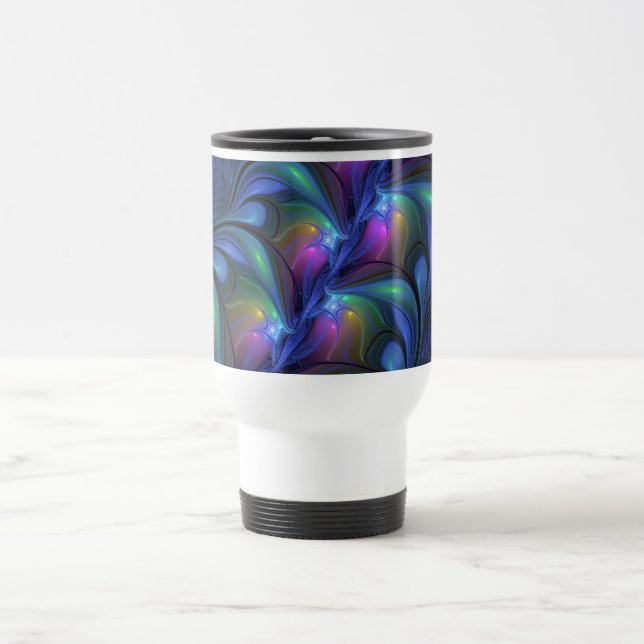 Colourful Luminous Abstract Blue Pink Green Fracta Travel Mug (Center)