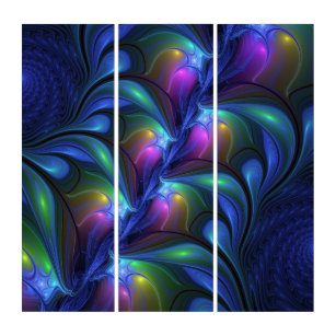 Colourful Luminous Abstract Blue Pink Green Fracta Triptych