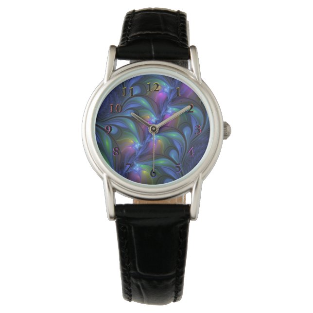 Colourful Luminous Abstract Blue Pink Green Fracta Watch (Front)