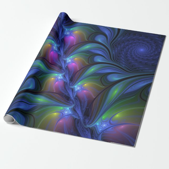 Colourful Luminous Abstract Blue Pink Green Fracta Wrapping Paper (Unrolled)