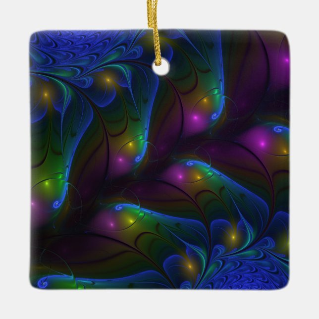 Colourful Luminous Abstract Modern Trippy Fractal Ceramic Ornament (Front)