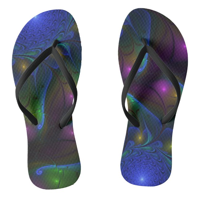 Colourful Luminous Abstract Modern Trippy Fractal Flip Flops (Footbed)