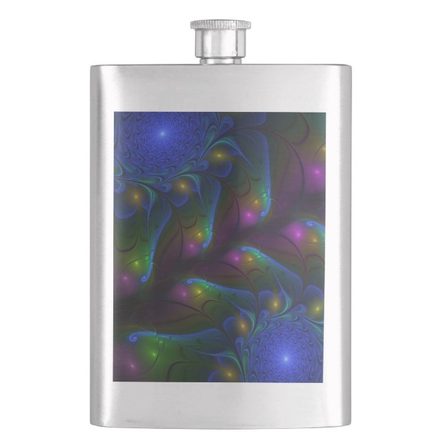 Colourful Luminous Abstract Modern Trippy Fractal Hip Flask (Front)