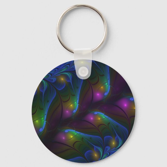 Colourful Luminous Abstract Modern Trippy Fractal Key Ring (Front)