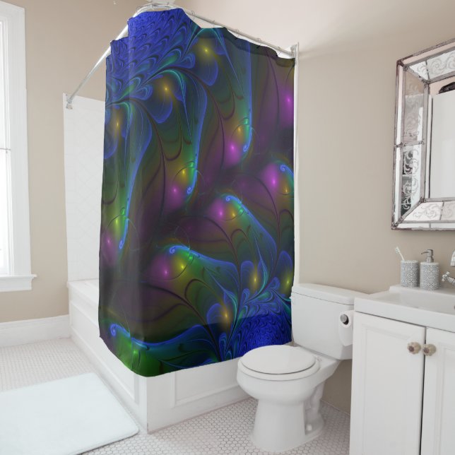 Colourful Luminous Abstract Modern Trippy Fractal Shower Curtain (In Situ)