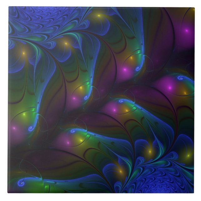 Colourful Luminous Abstract Modern Trippy Fractal Tile (Front)