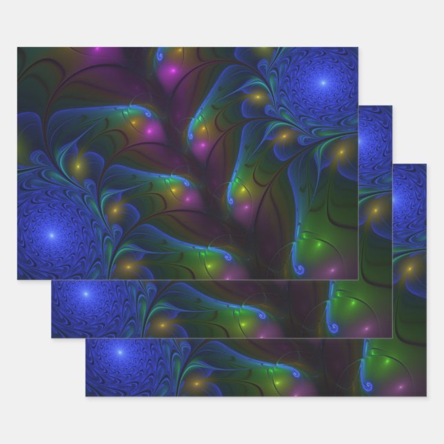 Colourful Luminous Abstract Modern Trippy Fractal Wrapping Paper Sheet (Set)