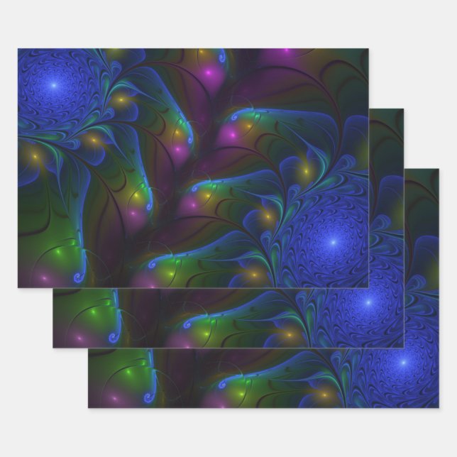 Colourful Luminous Abstract Modern Trippy Fractal Wrapping Paper Sheet (Set)