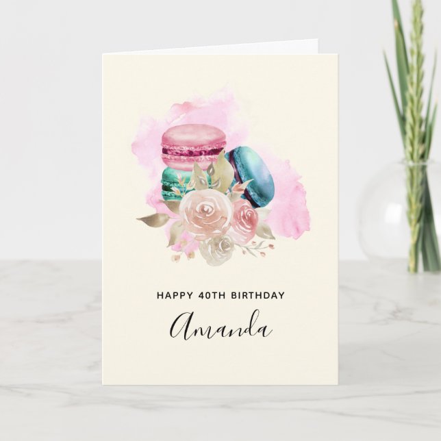 Colourful Macarons and Flowers Watercolor Birthday Card (Front)