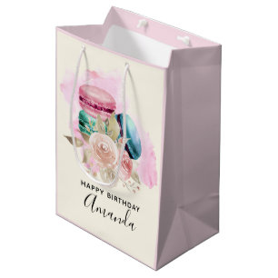 Colourful Macarons and Flowers Watercolor Birthday Medium Gift Bag