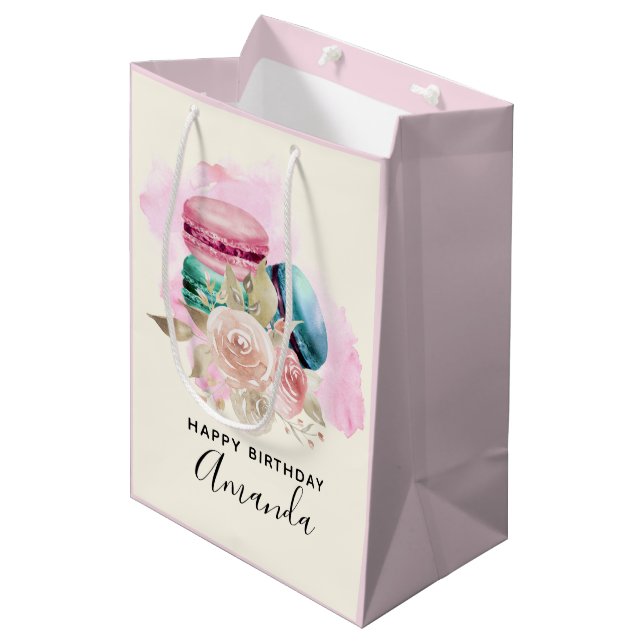 Colourful Macarons and Flowers Watercolor Birthday Medium Gift Bag (Front Angled)