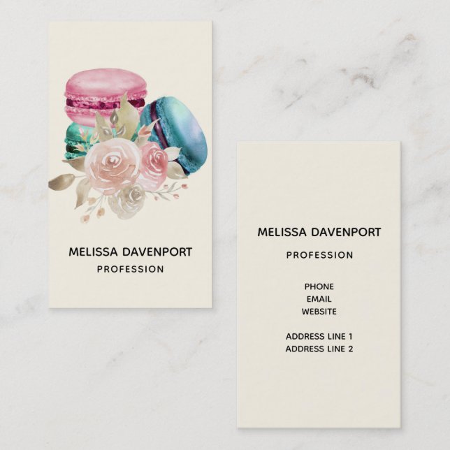 Colourful Macarons and Flowers Watercolor Business Card (Front/Back)