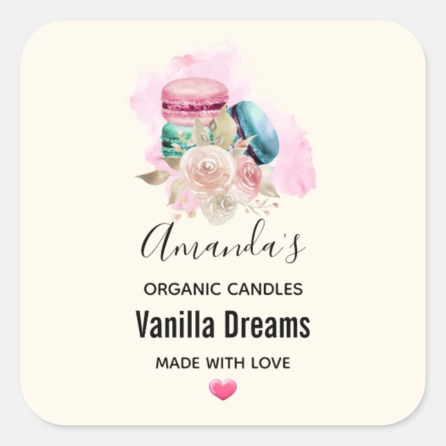 Colourful Macarons and Flowers Watercolor Candle Square Sticker (Front)