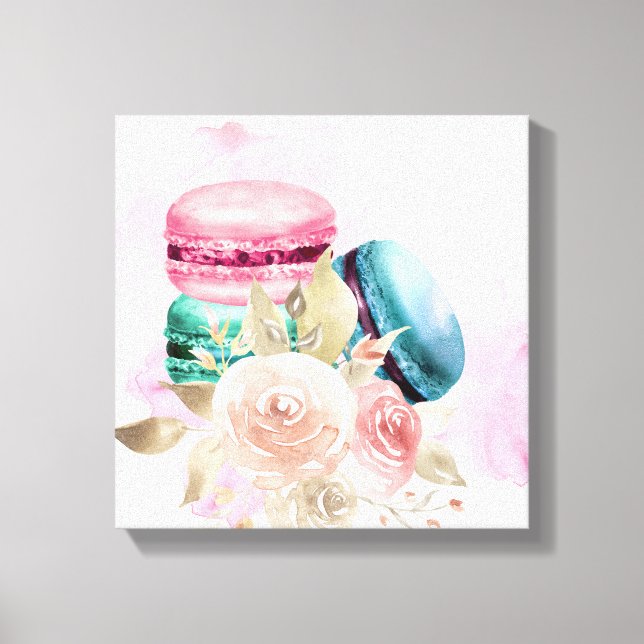 Colourful Macarons and Flowers Watercolor Canvas Print (Front)