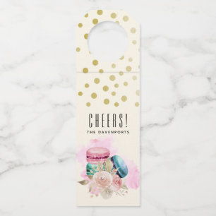Colourful Macarons and Flowers Watercolor Cheers! Bottle Tag