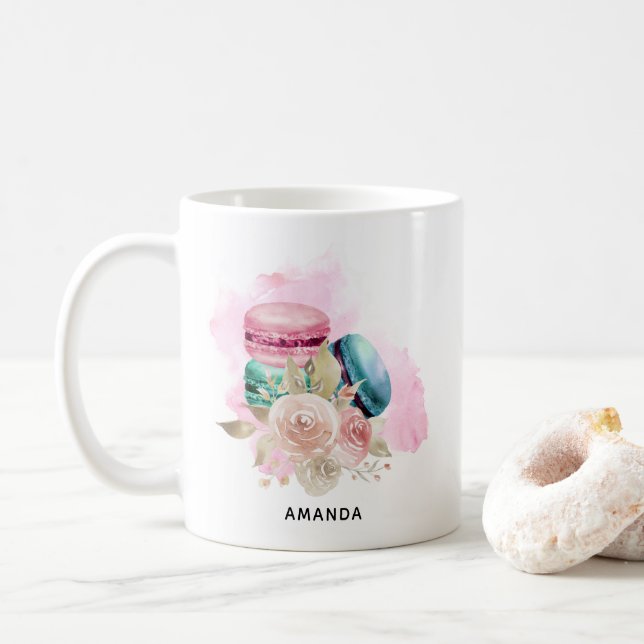 Colourful Macarons and Flowers Watercolor Coffee Mug (With Donut)