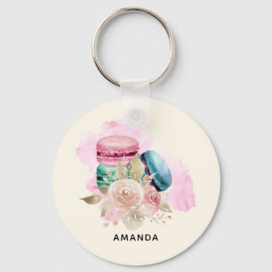 Colourful Macarons and Flowers Watercolor Key Ring
