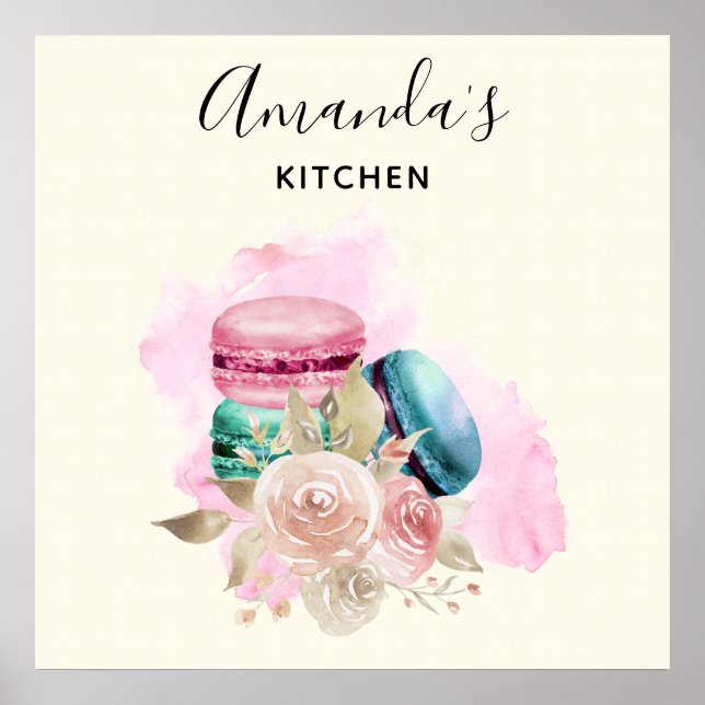 Colourful Macarons and Flowers Watercolor Kitchen Poster (Front)