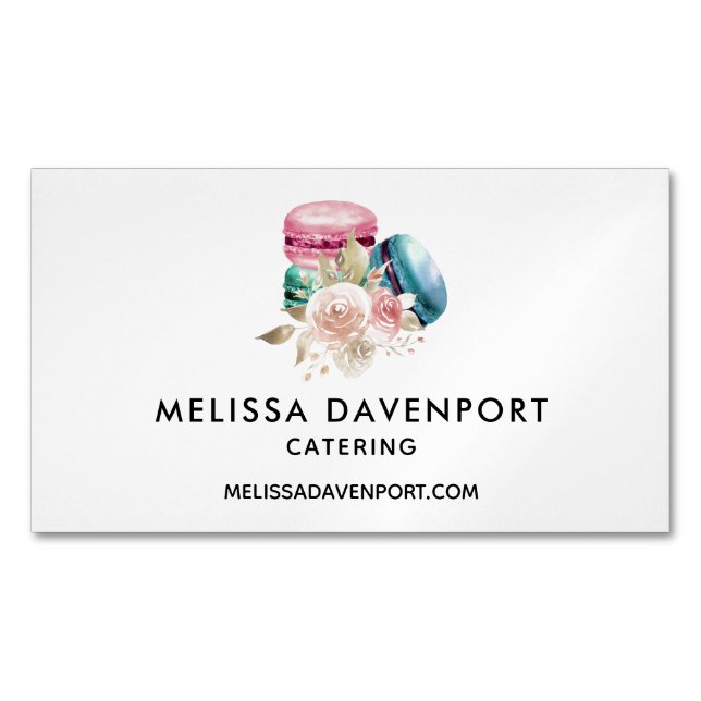 Colourful Macarons and Flowers Watercolor Magnetic Business Card (Front)