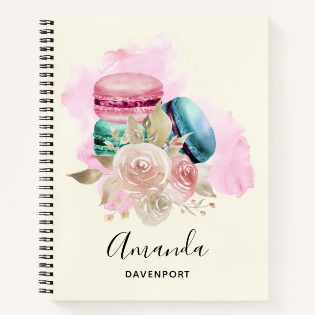 Colourful Macarons and Flowers Watercolor Notebook (Front)