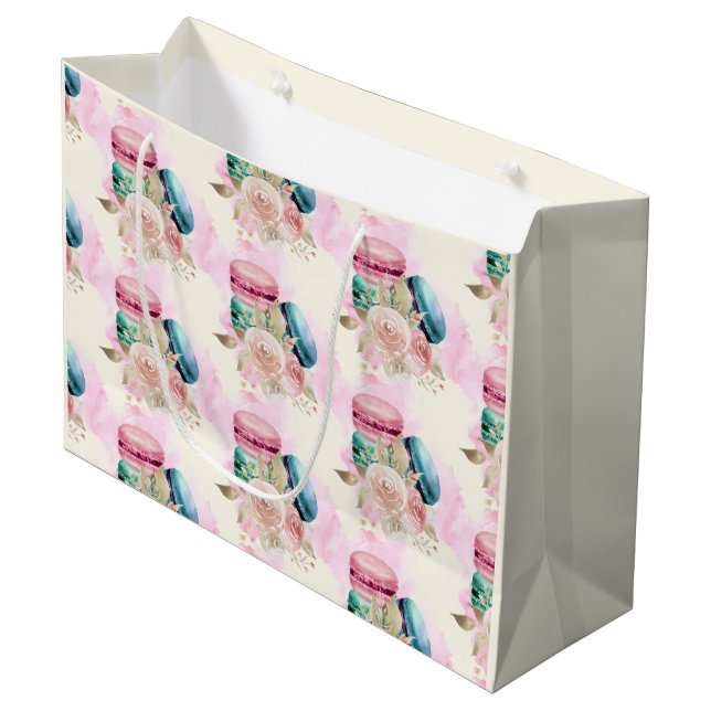 Colourful Macarons and Flowers Watercolor Pattern Large Gift Bag (Front Angled)