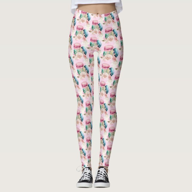 Colourful Macarons and Flowers Watercolor Pattern Leggings (Front)