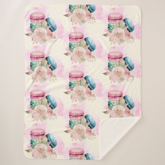 Colourful Macarons and Flowers Watercolor Pattern Sherpa Blanket (Front)