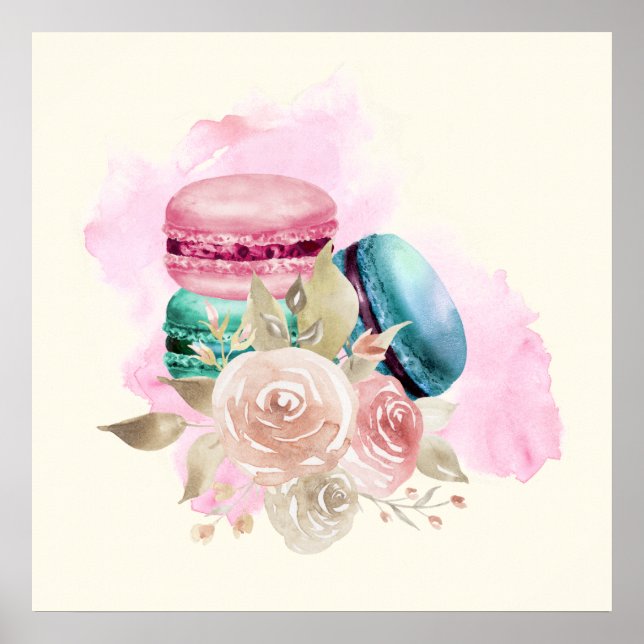 Colourful Macarons and Flowers Watercolor Poster (Front)