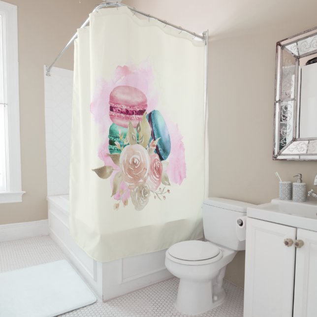 Colourful Macarons and Flowers Watercolor Shower Curtain (In Situ)