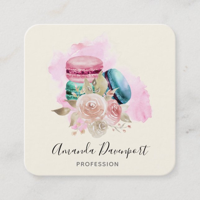 Colourful Macarons and Flowers Watercolor Square Business Card (Front)