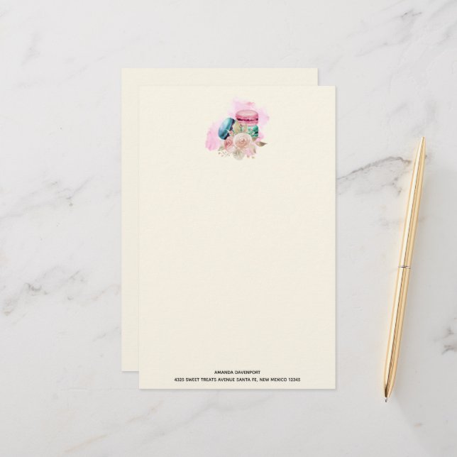 Colourful Macarons and Flowers Watercolor Stationery (Front/Back In Situ)