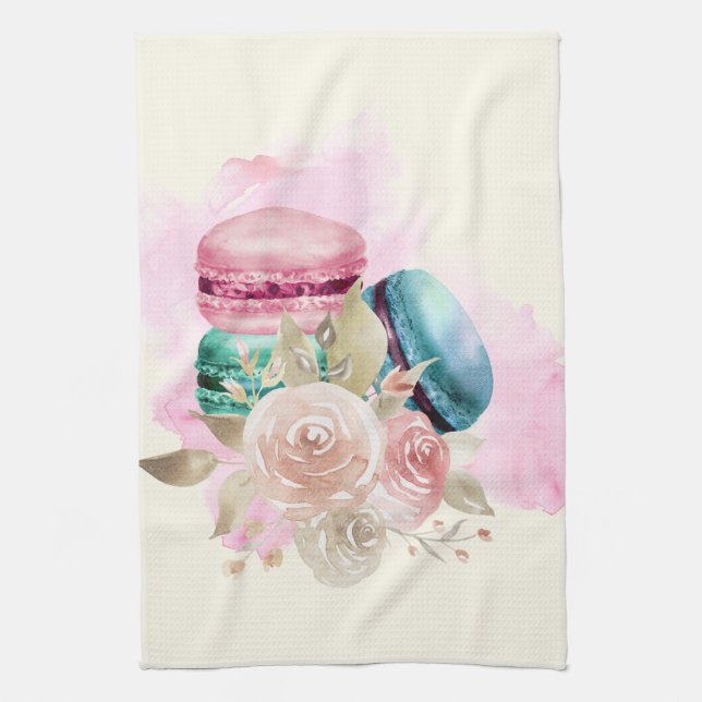 Colourful Macarons and Flowers Watercolor Tea Towel (Vertical)