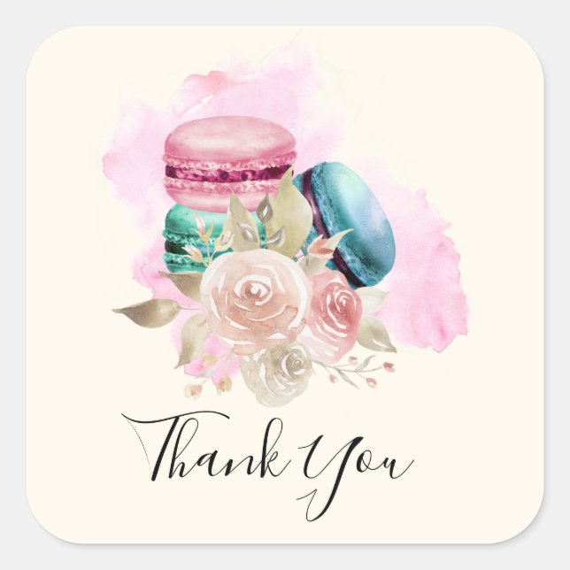 Colourful Macarons and Flowers Watercolor Thank Yo Square Sticker (Front)