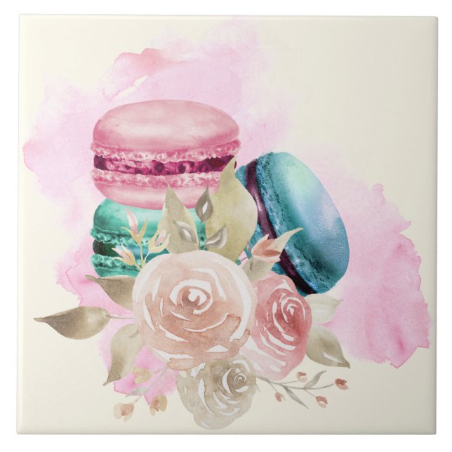 Colourful Macarons and Flowers Watercolor Tile (Front)