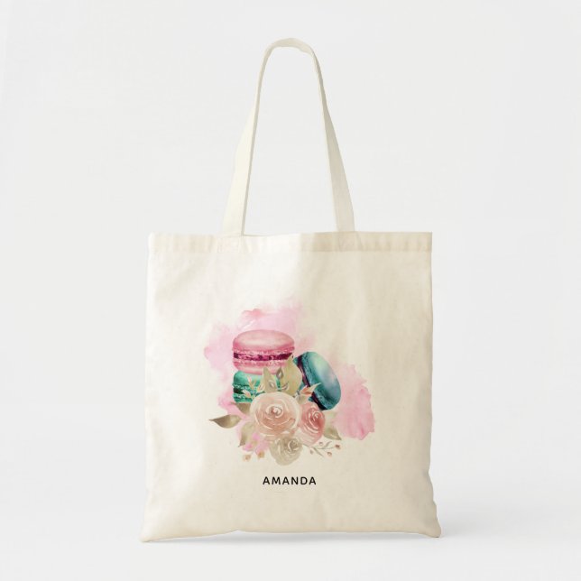 Colourful Macarons and Flowers Watercolor Tote Bag (Front)