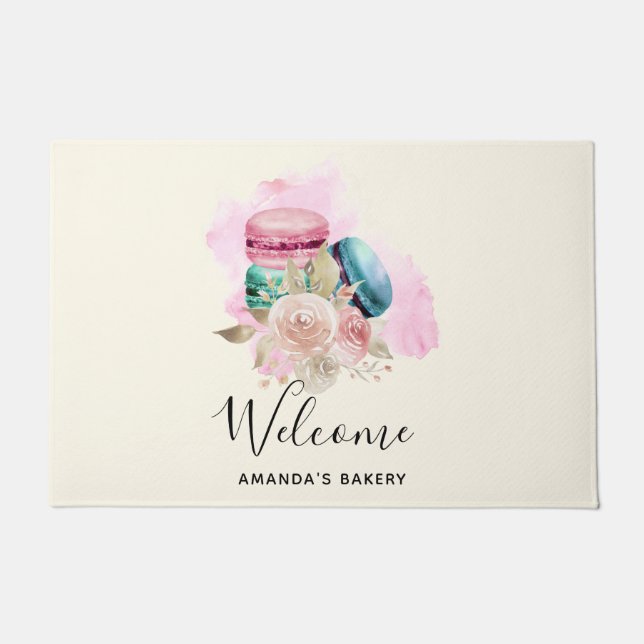Colourful Macarons and Flowers Watercolor Welcome Doormat (Front)