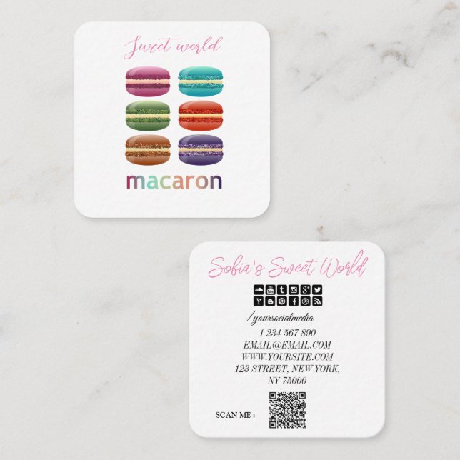 Colourful Macarons Sweets Qr Code Modern Square Business Card (Front/Back)
