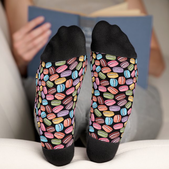 Colourful Macaroon Cookies Pattern on Black Socks (Bottom)