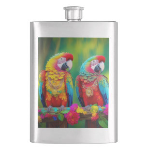 Colourful Macaw Birds On The Branch-67859 Hip Flask