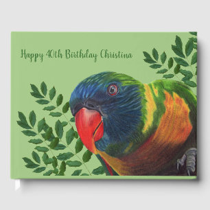 Colourful Macaw Parrot Green Leaves Birthday Guest Book